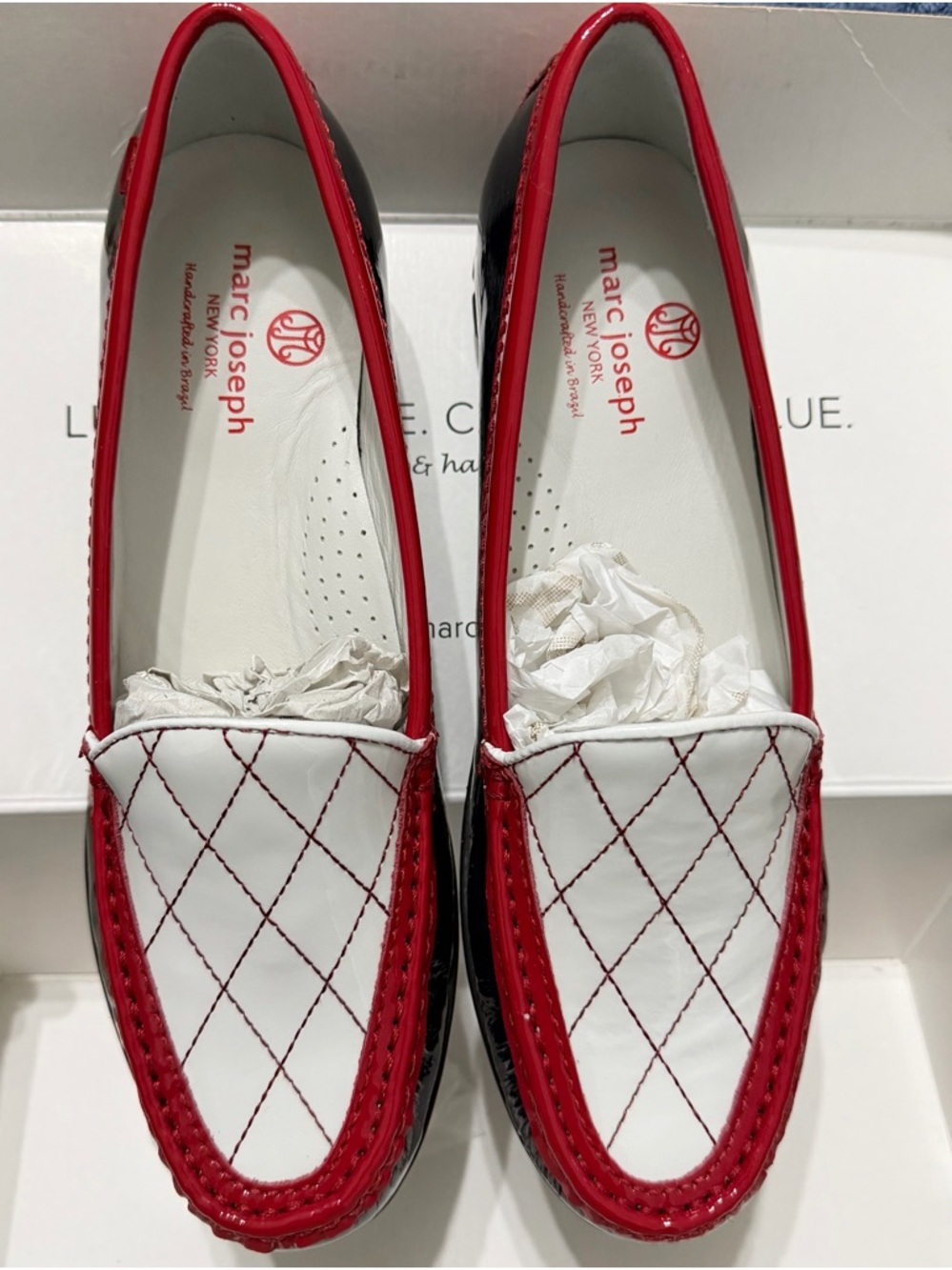 Marc Joseph White and Red Quilted Leather Loafers